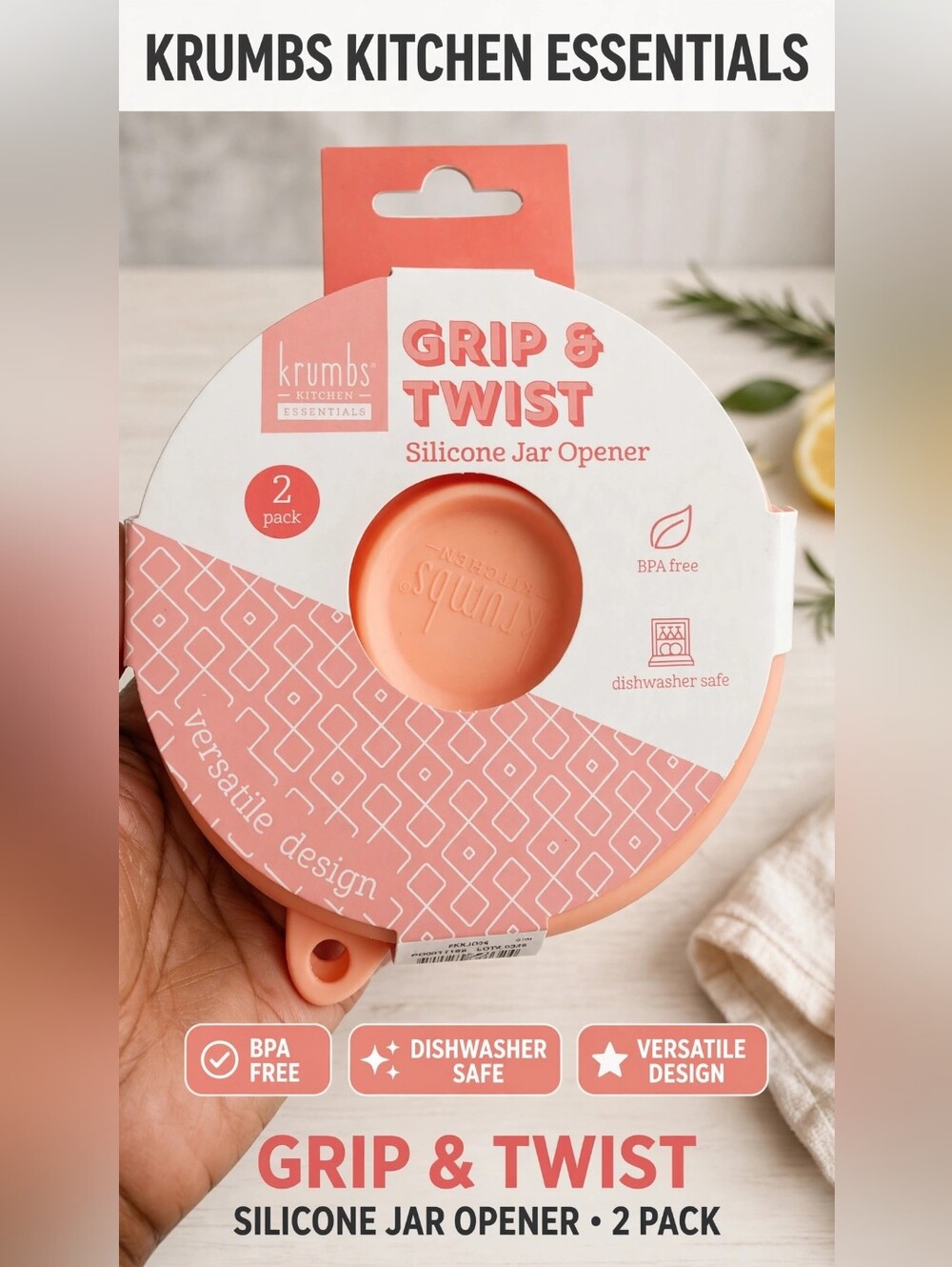 Krumbs Grip & Twist Silicone Jar Opener — Coral Pink (2-Pack)